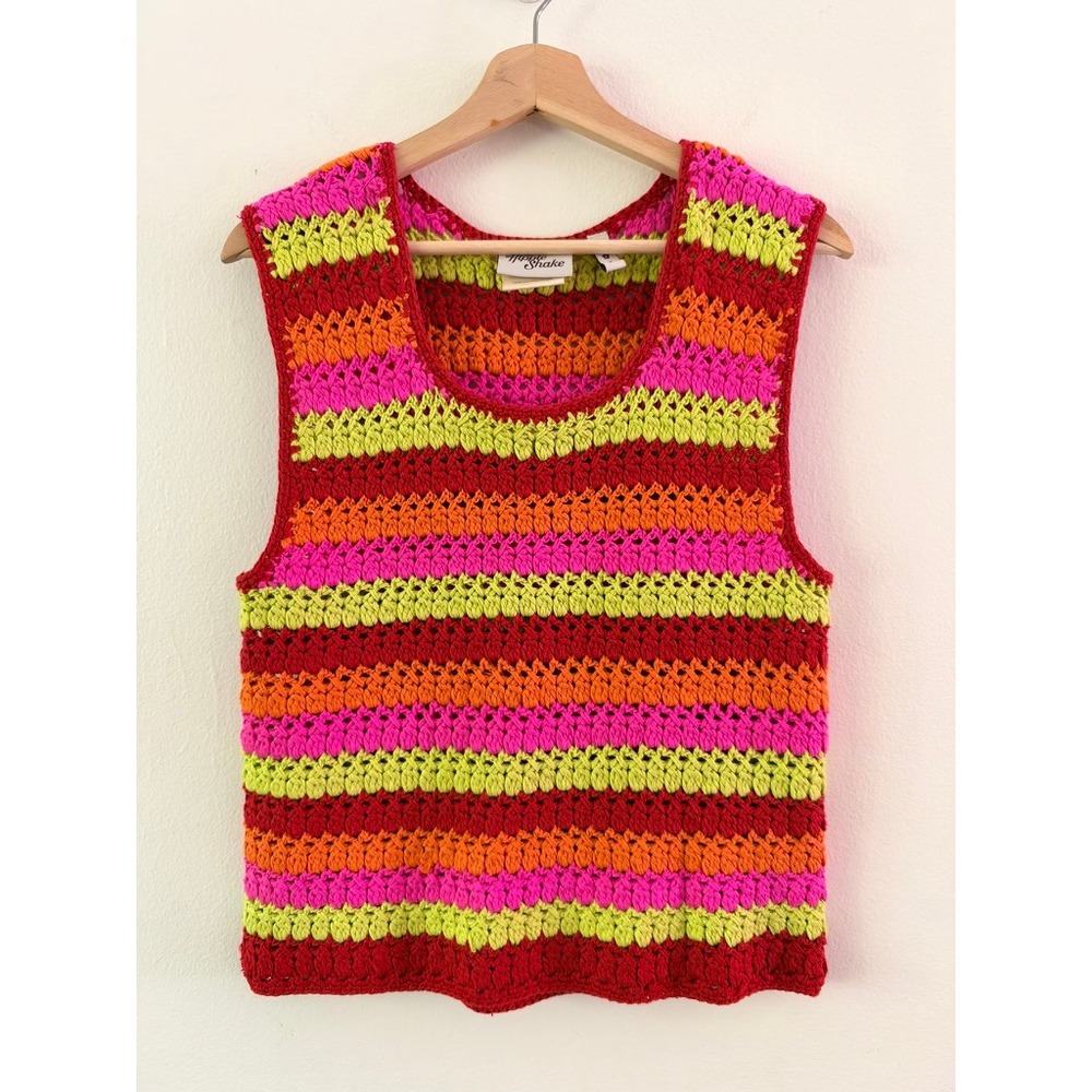 The Hippie Shake Crochet Multicolor Striped Pullover Vest Cotton size medium
